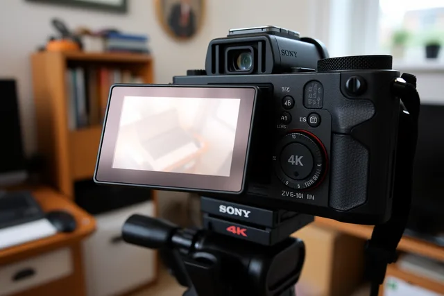 Sony ZV-E10 II camera on tripod with flip screen for YouTube filming. Best camera for YouTube UK: named top picks for creators
