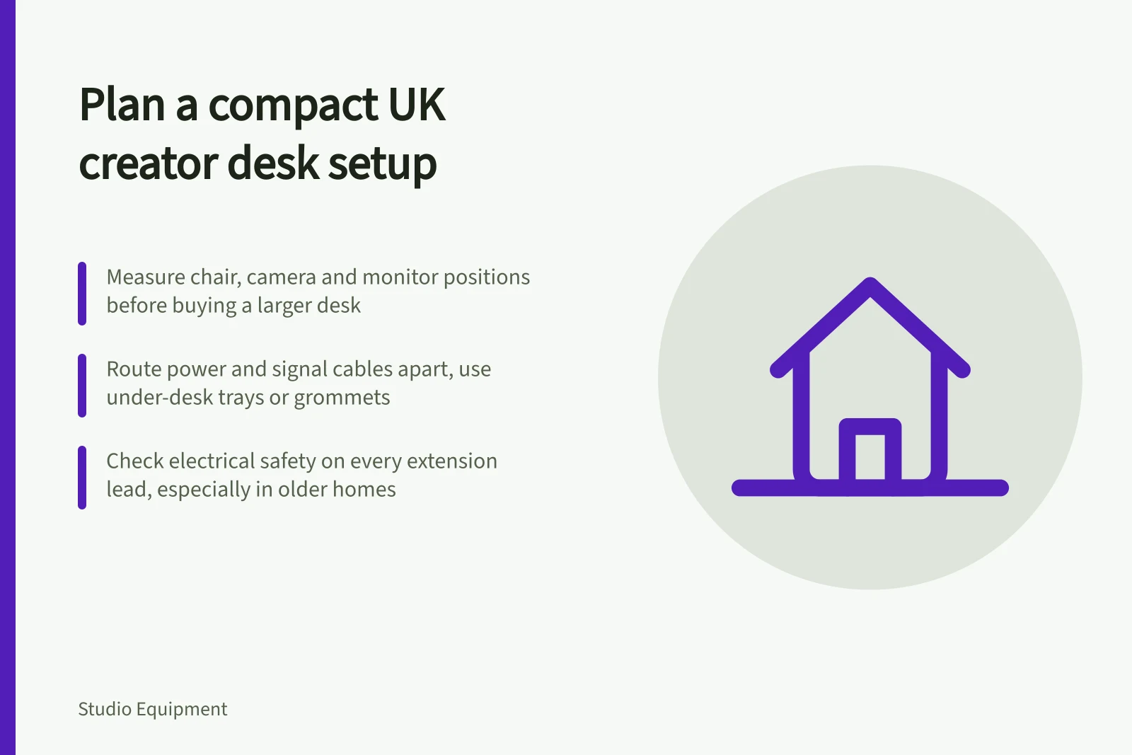 Card showing compact UK creator desk setup with cable management and space planning