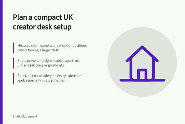 Card showing compact UK creator desk setup with cable management and space planning. Content creator desk setup UK: cable management and space planning