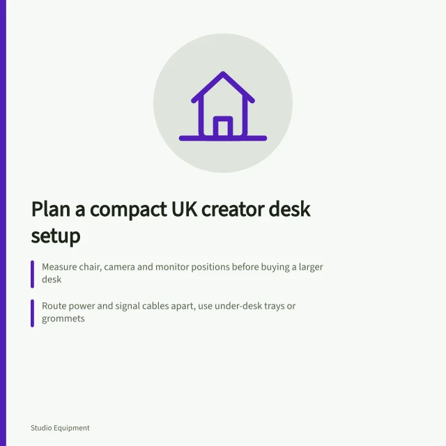 Card showing compact UK creator desk setup with cable management and space planning. Content creator desk setup UK: cable management and space planning