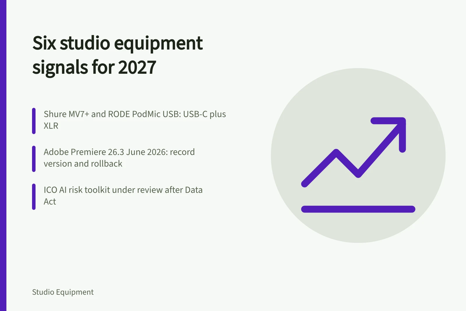 Card listing studio equipment signals: hybrid connections, software versions, AI evidence checks