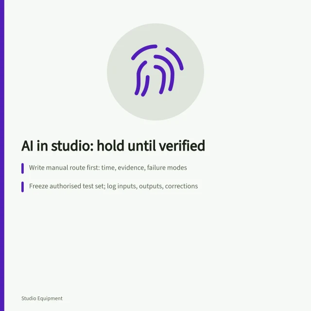 Card on verifying bounded AI tasks against a manual studio workflow baseline. Where AI fits in a studio workflow once the manual route is on record