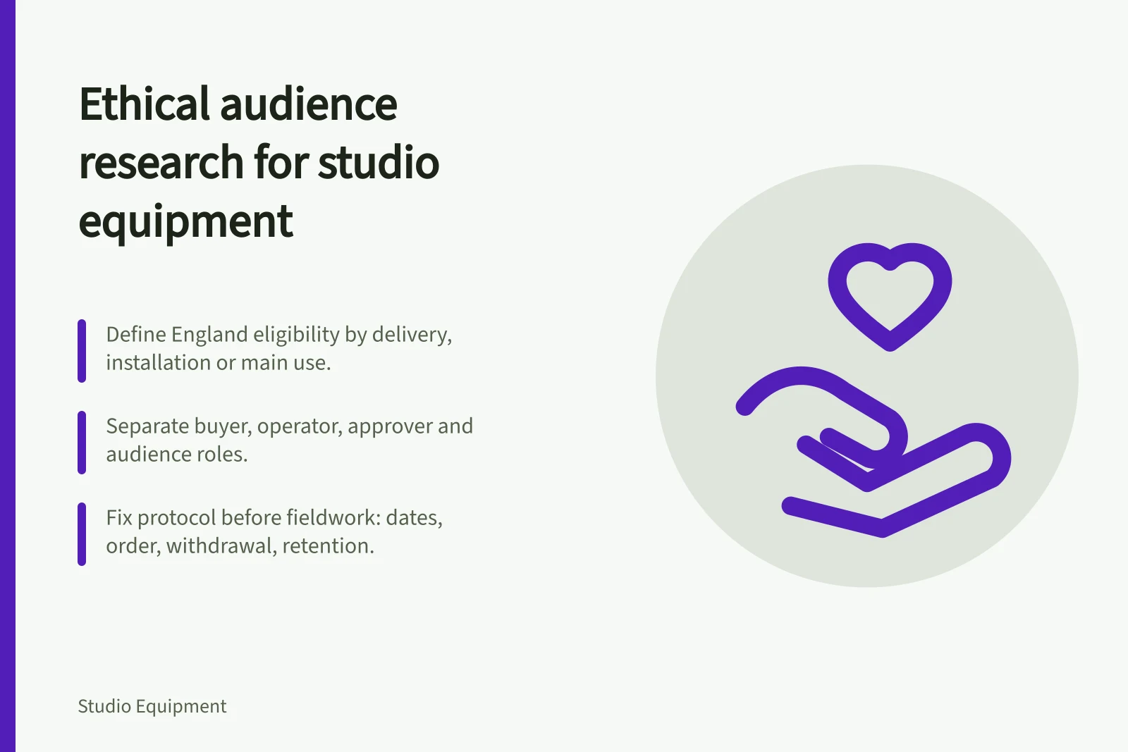 Card: ethical audience research for studio equipment, with recruitment icon.
