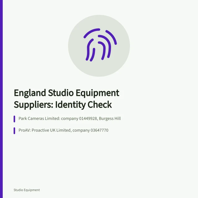 Four England studio equipment suppliers checked for identity and evidence. Studio equipment providers: four England suppliers checked for creators