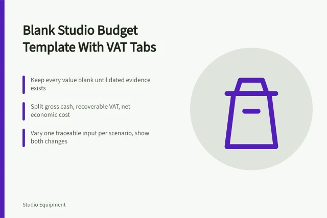 Blank studio equipment budget template with VAT and labour tabs. A blank studio equipment budget template with VAT and labour tabs