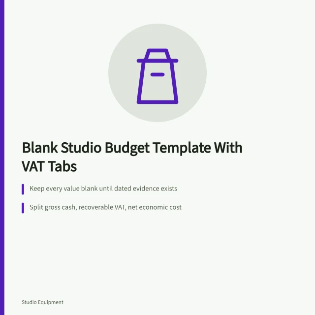 Blank studio equipment budget template with VAT and labour tabs. A blank studio equipment budget template with VAT and labour tabs
