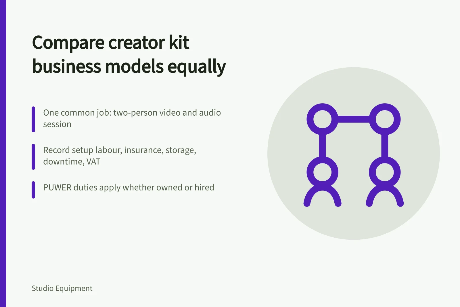 Comparison card for creator studio equipment business models and criteria