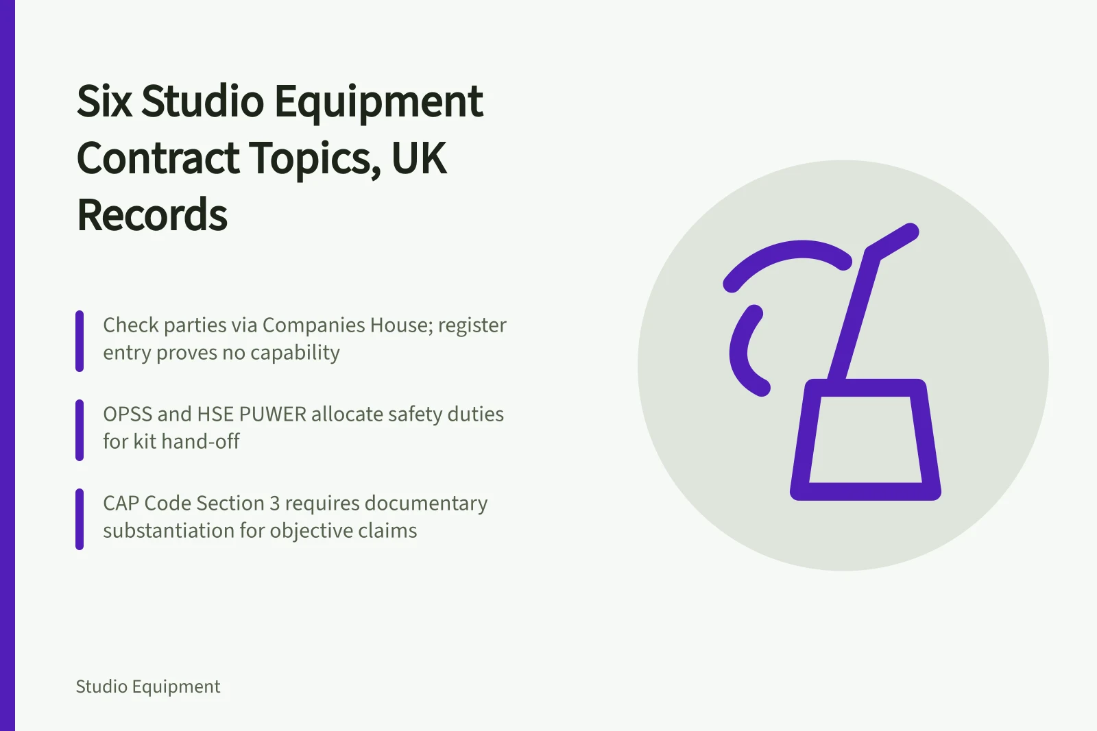 Card listing six studio equipment contract topics tied to UK records