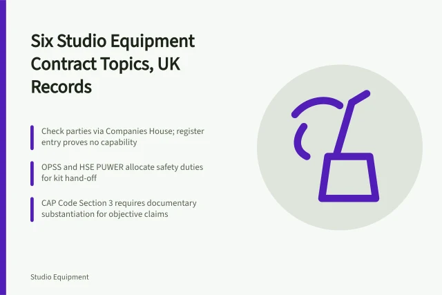 Card listing six studio equipment contract topics tied to UK records. Six studio equipment contract topics, each tied to a UK record