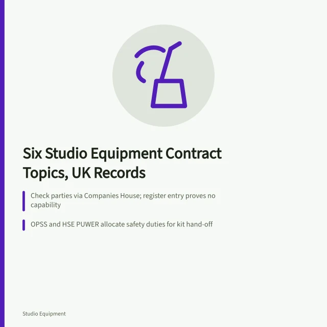 Card listing six studio equipment contract topics tied to UK records. Six studio equipment contract topics, each tied to a UK record