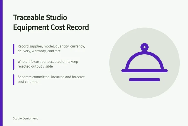 Cost record card for studio equipment quotations and exit allowances. A traceable studio equipment cost record from quotation to exit allowance