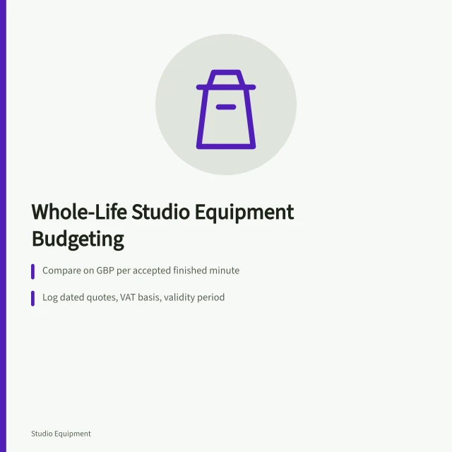 Card on whole-life studio equipment budgeting with quotes, VAT and cost comparison. Budgeting for studio equipment across its whole life, quotes and VAT included