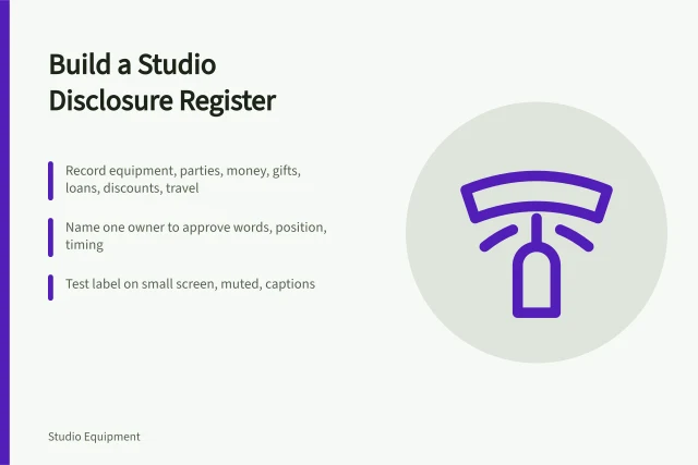 Card on studio equipment disclosure policy with relationship register steps. A studio equipment disclosure policy that starts with a relationship register