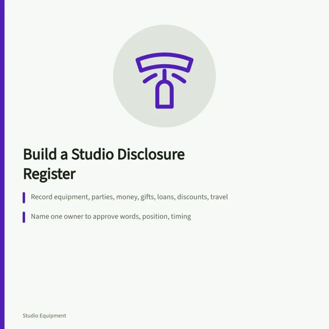 Card on studio equipment disclosure policy with relationship register steps. A studio equipment disclosure policy that starts with a relationship register