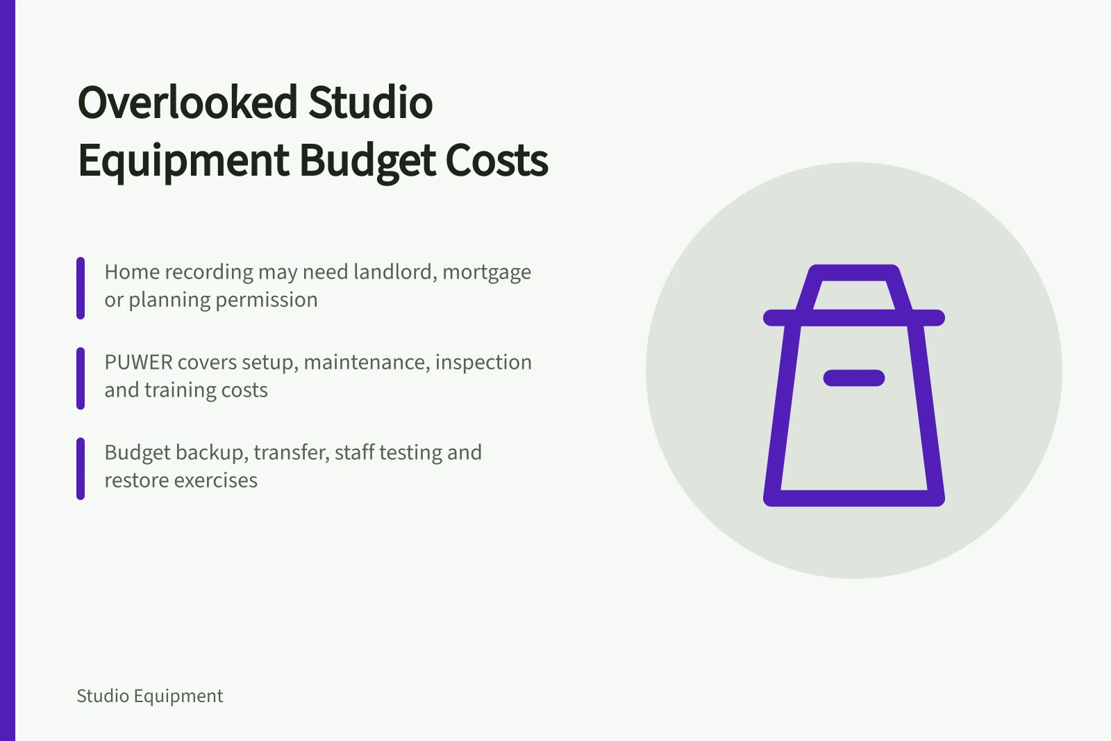 Checklist of overlooked studio equipment costs including insurance, setup and storage