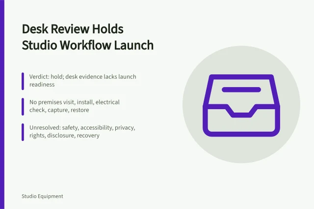 Card: desk review holds studio workflow launch; safety, accessibility, privacy, rights, disclosure, recovery unresolved. A desk-only launch review of a studio workflow, and why it holds