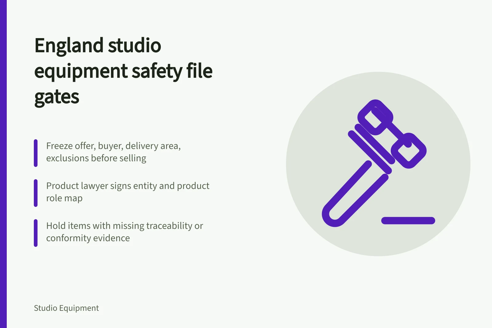 Checklist card for England studio equipment safety and compliance gates