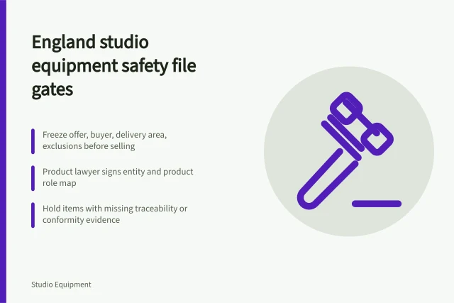 Checklist card for England studio equipment safety and compliance gates. Before selling studio equipment in England, build the safety file