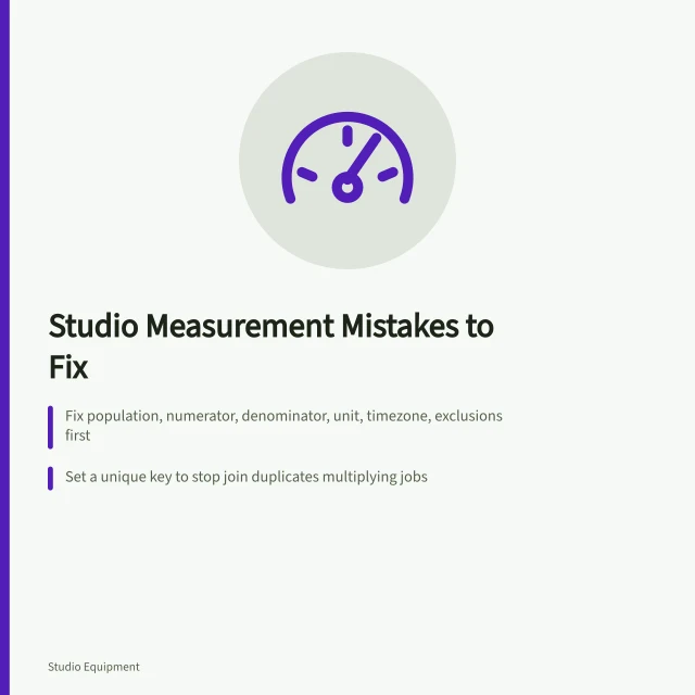 Card listing studio measurement mistakes and corrective steps. Studio measurement mistakes, from starting with the available count to losing duplicates