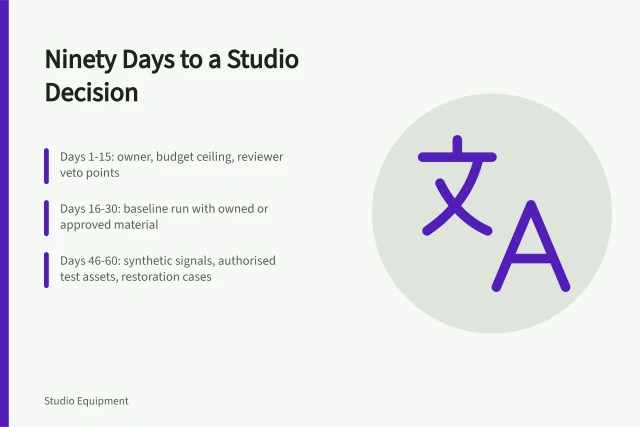 Ninety-day studio equipment project plan with phased evidence gates and final decision. Ninety days for a studio equipment project, with a decision at the end