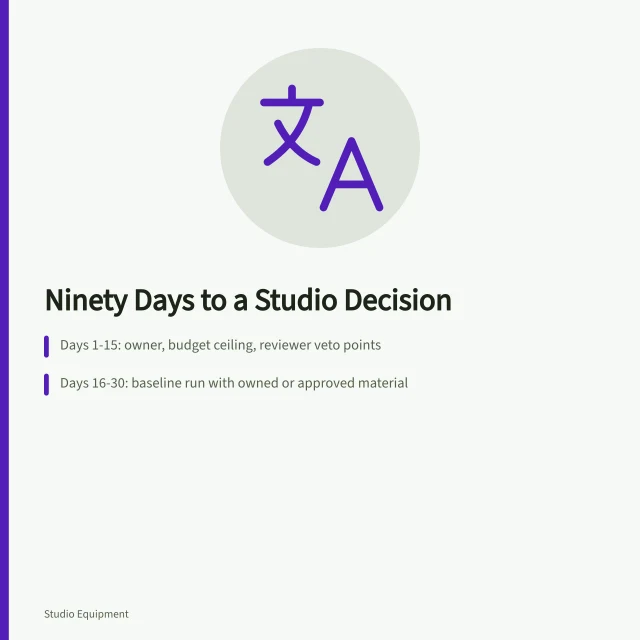 Ninety-day studio equipment project plan with phased evidence gates and final decision. Ninety days for a studio equipment project, with a decision at the end