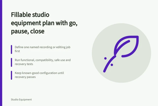 Card outlining a fillable studio equipment plan with tests and rollback. A fillable studio equipment plan ending in go, pause or close