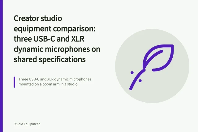 Three USB-C and XLR dynamic microphones mounted on a boom arm in a studio. Creator studio equipment comparison: three USB-C and XLR dynamic microphones on shared specifications