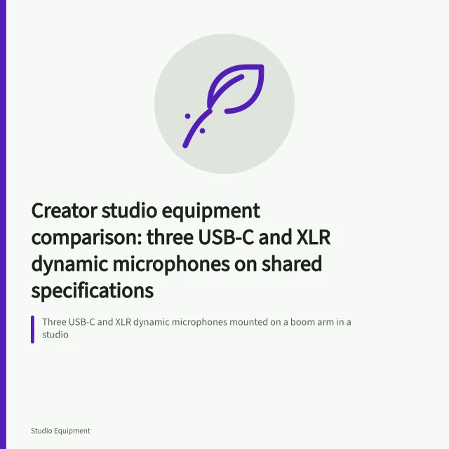 Three USB-C and XLR dynamic microphones mounted on a boom arm in a studio. Creator studio equipment comparison: three USB-C and XLR dynamic microphones on shared specifications