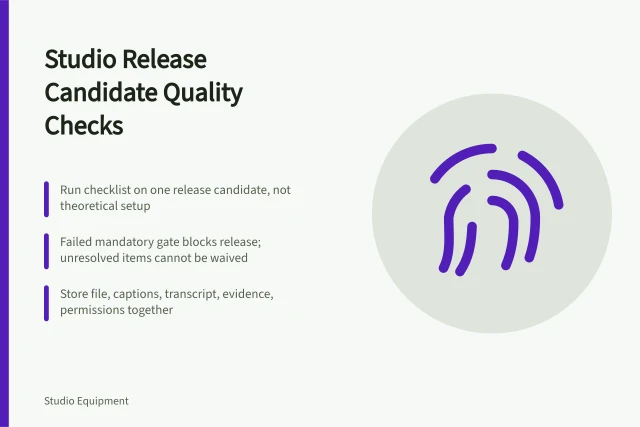Checklist for studio release candidate quality checks and verification. Quality checks for a studio release candidate, from room to rights