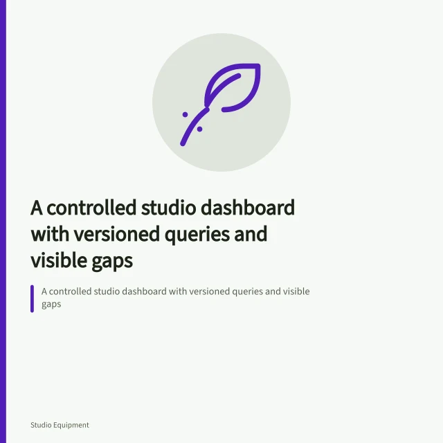 A controlled studio dashboard with versioned queries and visible gaps. A controlled studio dashboard with versioned queries and visible gaps