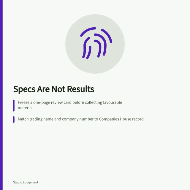 Review card for checking studio equipment specifications against evidence. Reviewing studio equipment without mistaking specifications for results
