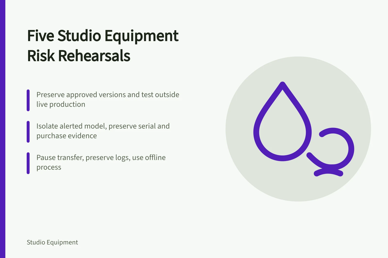 Card listing five studio equipment risk rehearsal scenarios and recovery steps
