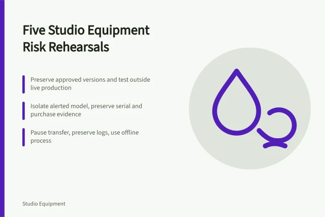 Card listing five studio equipment risk rehearsal scenarios and recovery steps. Five studio equipment risks to rehearse, from a broken update to a product alert