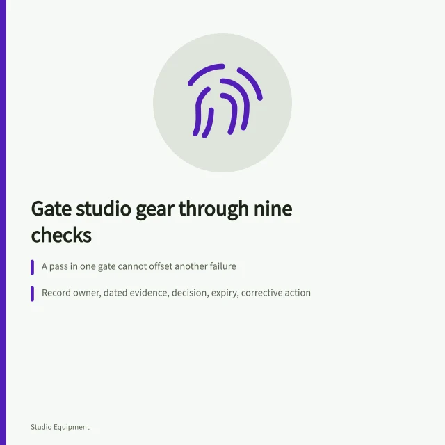 Checklist of nine gates for selecting studio equipment safely. Selecting studio equipment through safety, access, data and exit gates