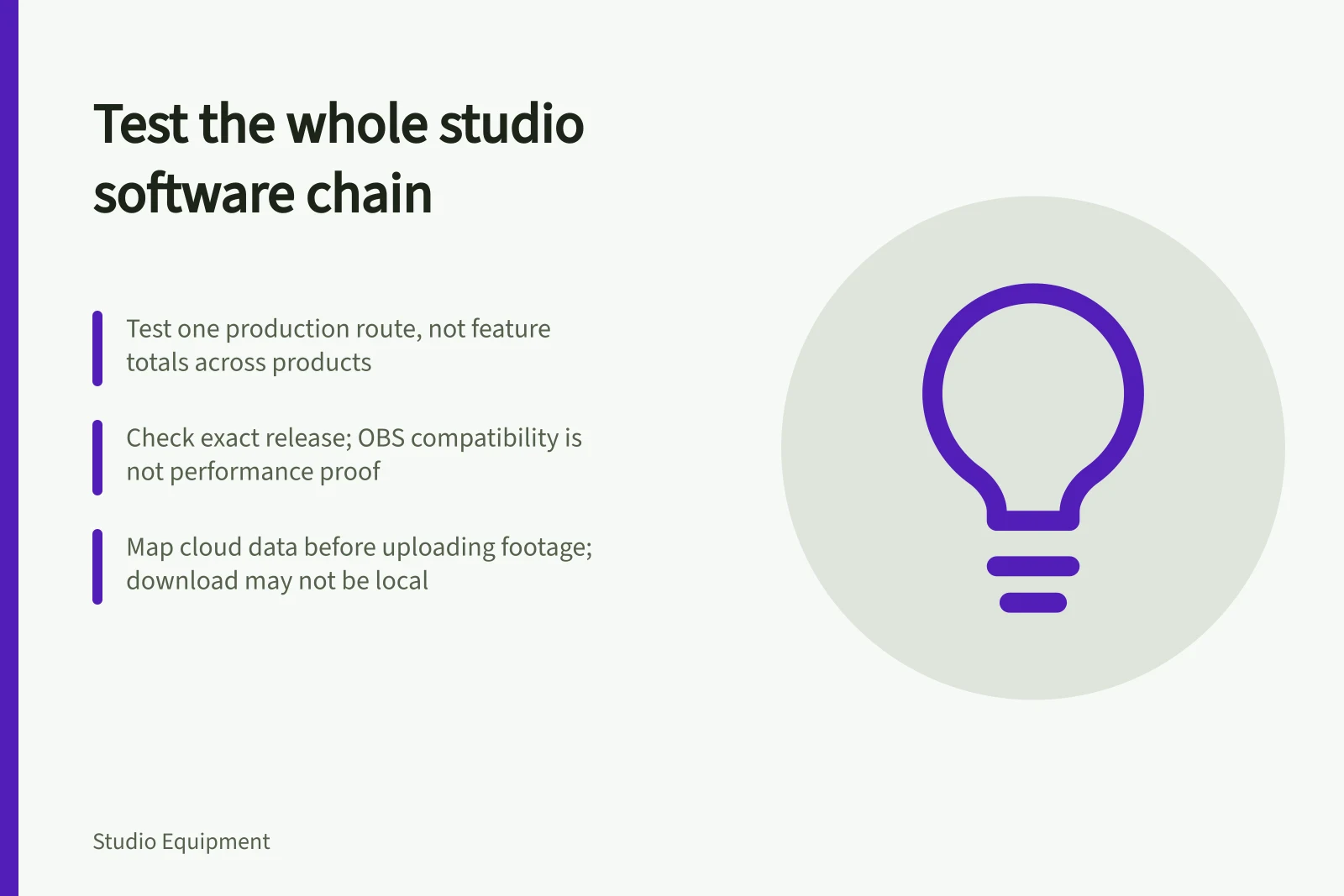 Card about testing studio software dependencies, releases, and cloud data