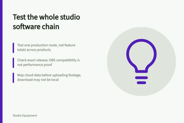 Card about testing studio software dependencies, releases, and cloud data. Selecting studio software by testing the whole dependency chain