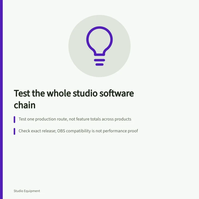 Card about testing studio software dependencies, releases, and cloud data. Selecting studio software by testing the whole dependency chain