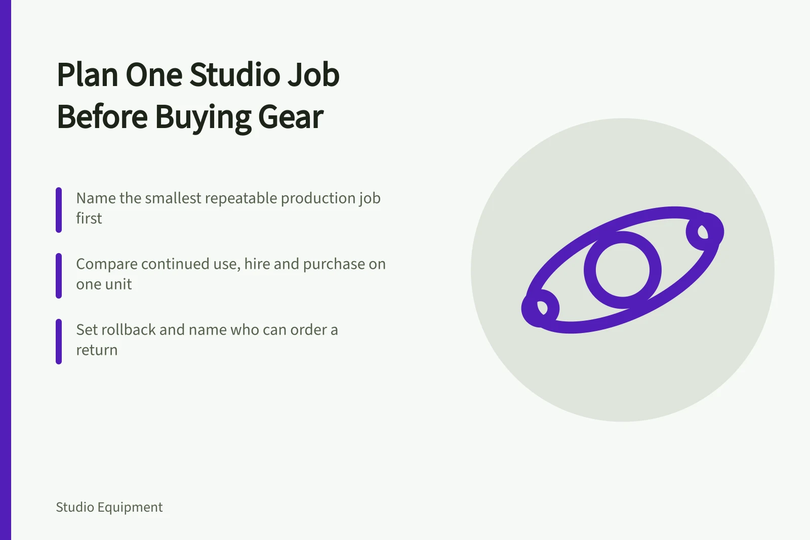 Card outlining how to plan a studio equipment decision around one production job