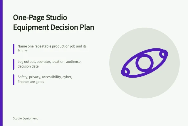 One-page studio equipment strategy card with decision gates and reversible commitment. A one-page studio equipment strategy that ends in a reversible commitment
