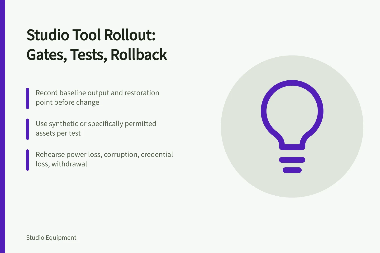 Card outlining studio tool rollout with gates, tests, and rollback