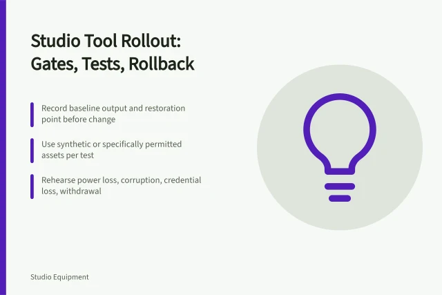 Card outlining studio tool rollout with gates, tests, and rollback. Implementing a studio tool with authorised test assets and a way back
