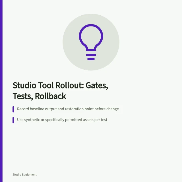 Card outlining studio tool rollout with gates, tests, and rollback. Implementing a studio tool with authorised test assets and a way back