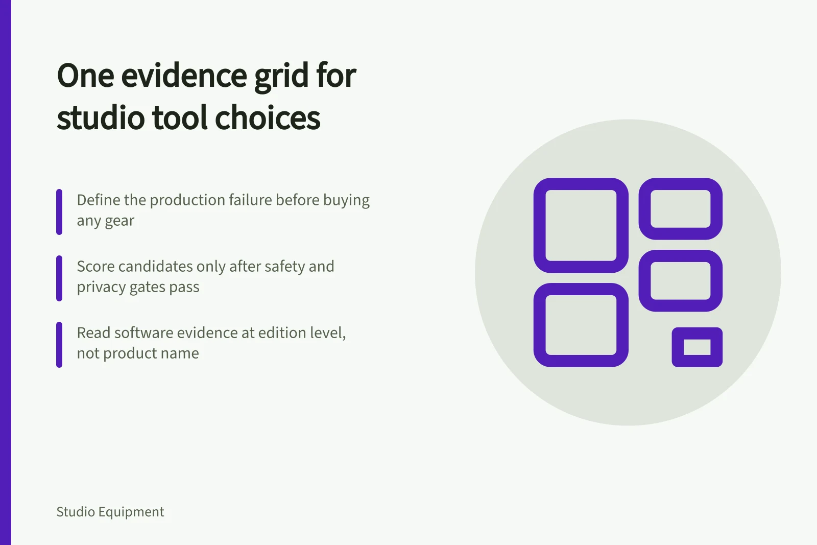 Evidence grid comparing studio tools and suppliers field by field