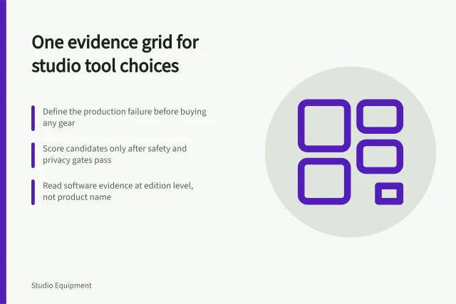 Evidence grid comparing studio tools and suppliers field by field. Choosing studio tools and suppliers on a common evidence grid