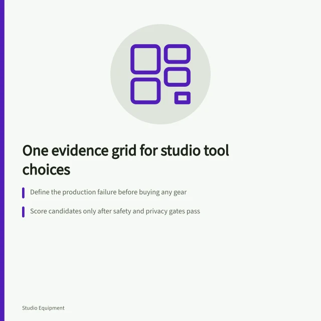 Evidence grid comparing studio tools and suppliers field by field. Choosing studio tools and suppliers on a common evidence grid