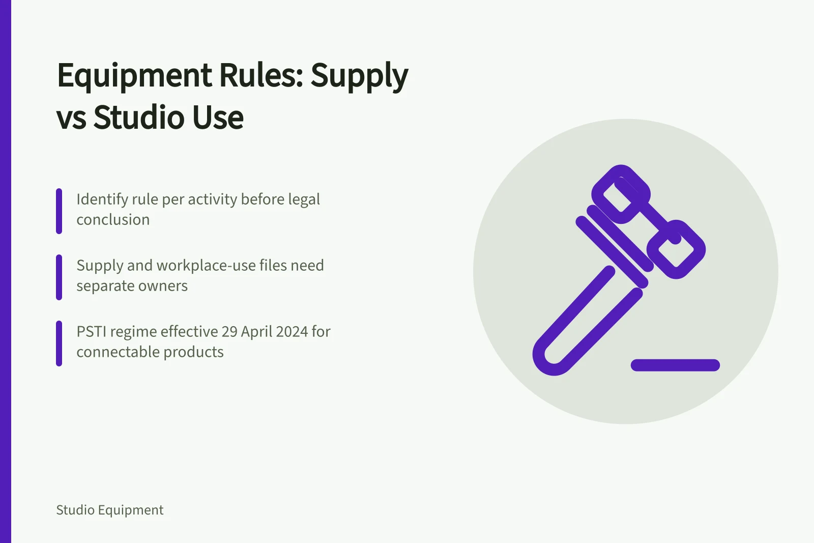 Checklist separating equipment supply duties from workplace-use duties for studio gear