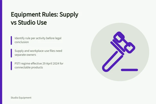 Checklist separating equipment supply duties from workplace-use duties for studio gear. Which equipment rules attach to a studio activity, and whether you supply or use