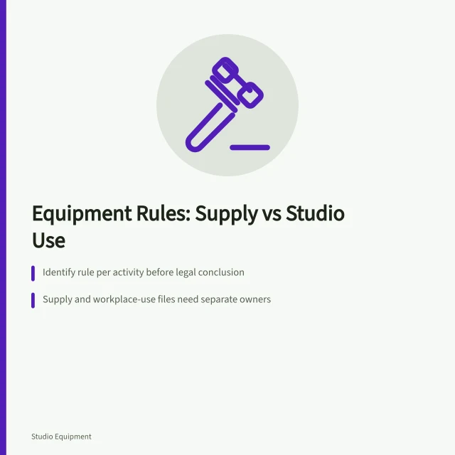 Checklist separating equipment supply duties from workplace-use duties for studio gear. Which equipment rules attach to a studio activity, and whether you supply or use
