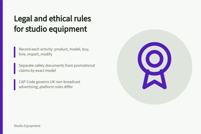 Card outlining legal and ethical checks for creator studio equipment. Creator studio equipment: the legal and ethical rules to check