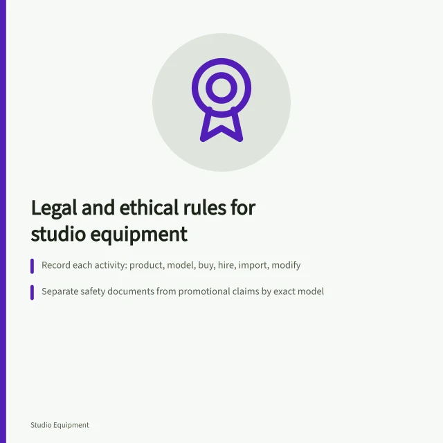 Card outlining legal and ethical checks for creator studio equipment. Creator studio equipment: the legal and ethical rules to check